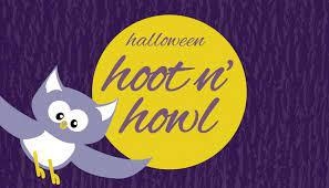 An owl flying by a yellow moon which reads "hoot 'n howl."