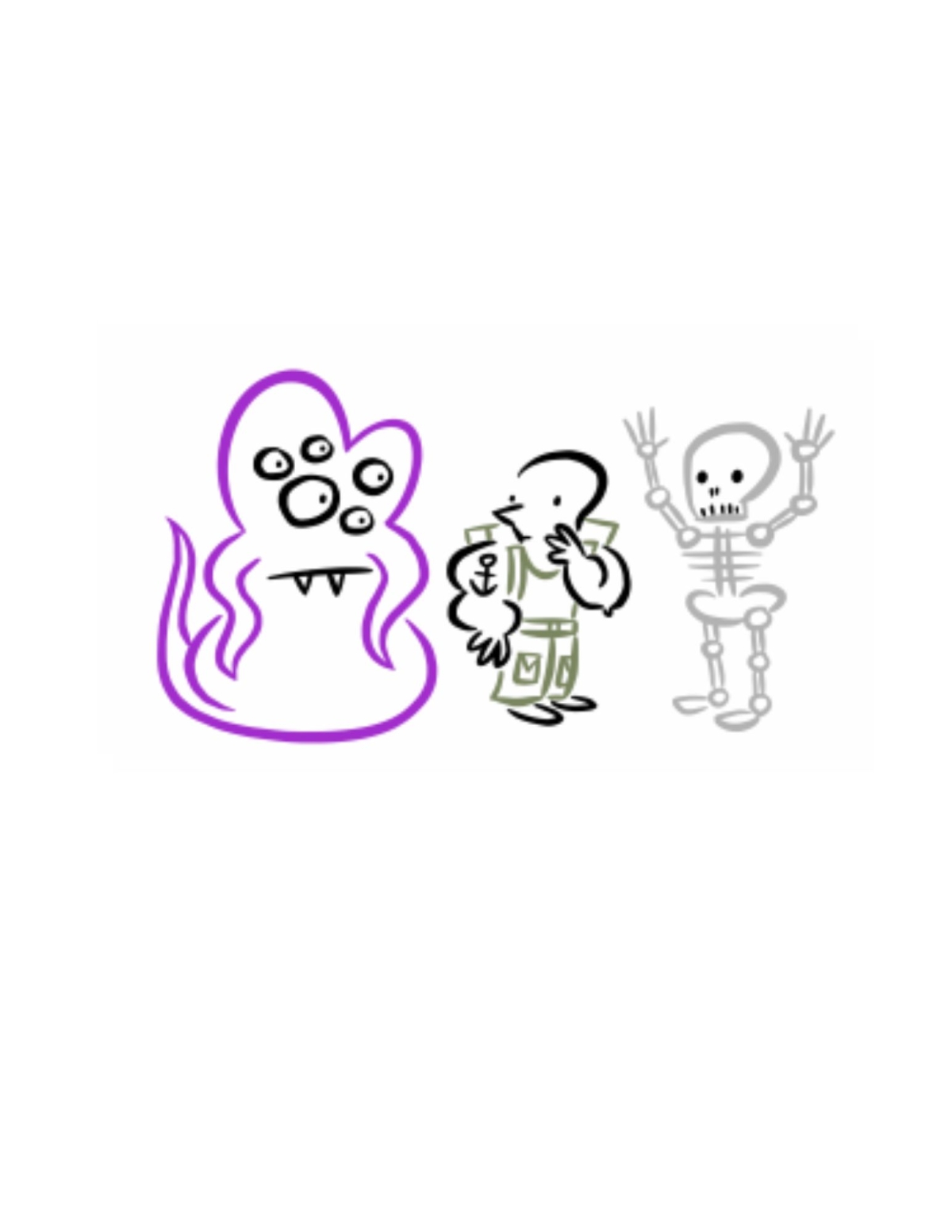 A drawing of an alien, a man, and a skeleton.